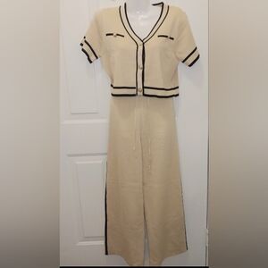 YUNA Cream & Black Sweater Knit Pantsuit Sz M